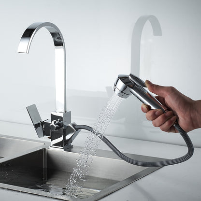 Chrome Pull-Out Sprayer Kitchen Faucet, Modern Single-Handle High Arc Faucet