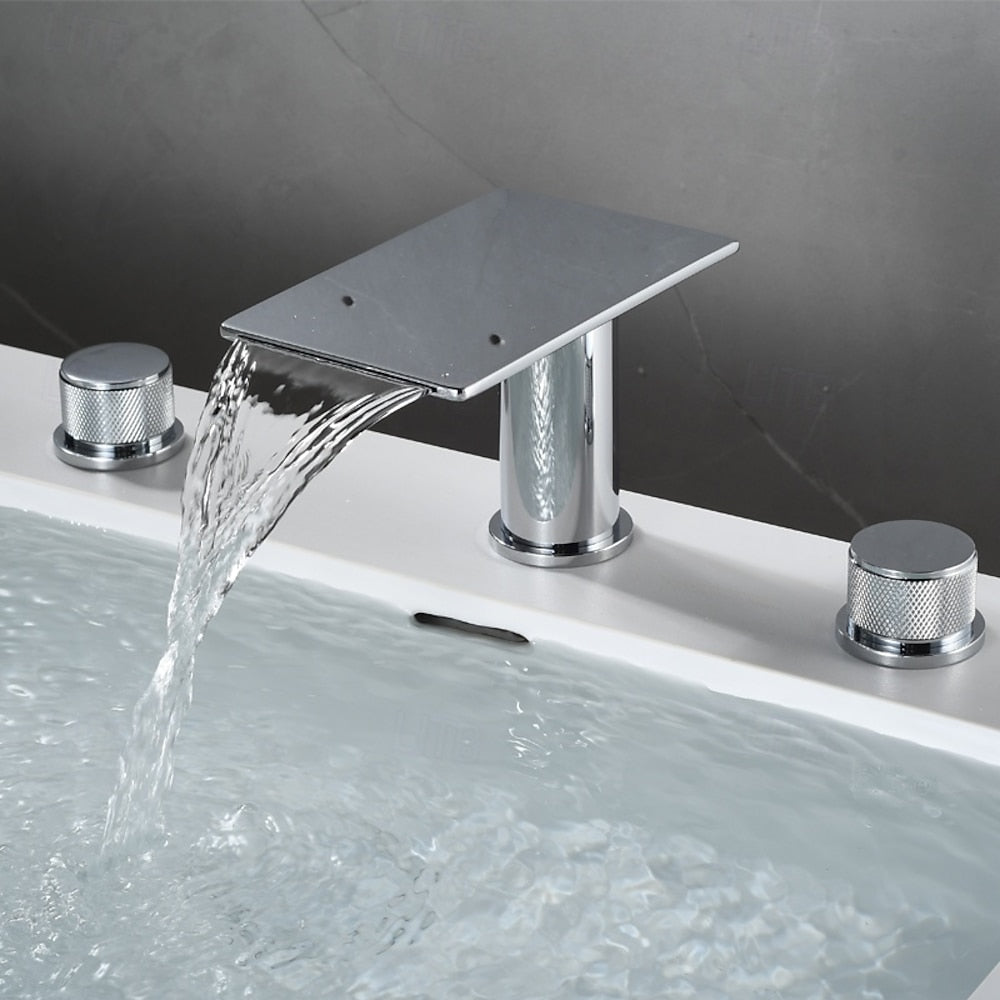 Modern Waterfall Bathroom Faucet, 3-Hole Dual-Handle Faucet, Gunmetal / Matte Black / Chrome