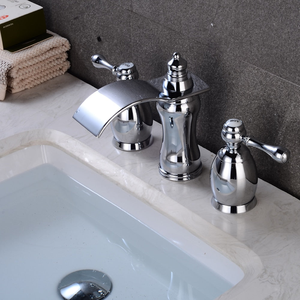 Waterfall 3-Hole Widespread Bathroom Faucet, Traditional Dual-Handle Sink Faucet, Matte Black / Rose Gold / Brushed Gold / Brushed Nickel / Chrome