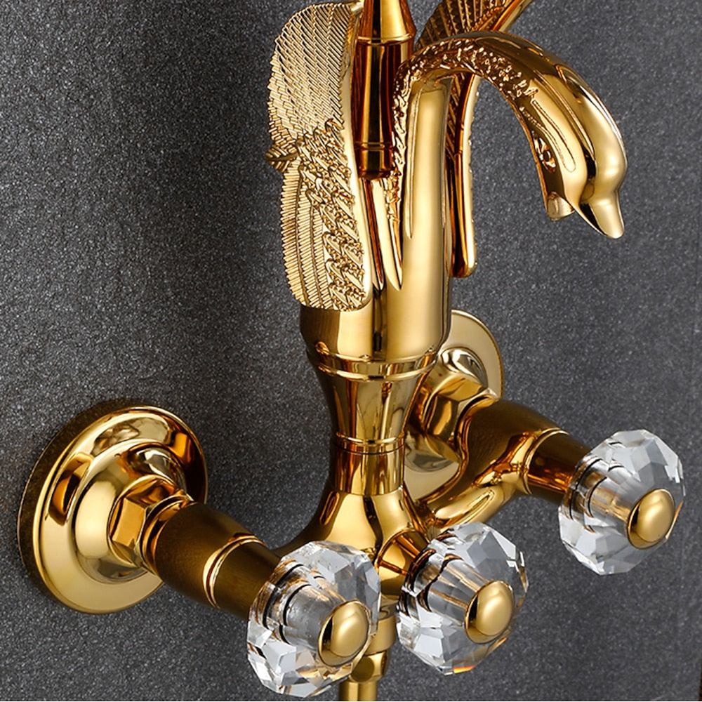 Swan Spout Wall-Mount Bathtub Faucet, Dual-Handle Tub Filler with Handheld Shower, Antique Brass / Matte Black / Chrome / Polished Gold