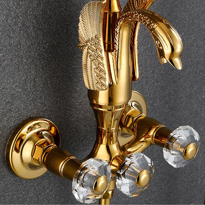 Swan Spout Wall-Mount Bathtub Faucet, Dual-Handle Tub Filler with Handheld Shower, Antique Brass / Matte Black / Chrome / Polished Gold