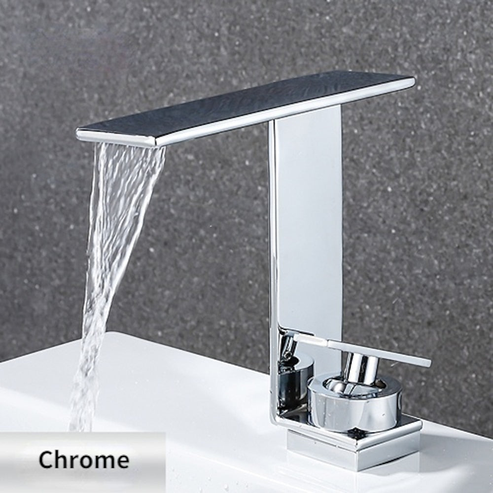 Modern Waterfall Bathroom Faucet, Single-Handle Brass Faucet, Chrome / Matte Black / Gunmetal / Brushed Gold