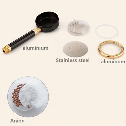 Collection of kitchen items including a black pan with gold handle, stainless steel strainer, and aluminum rings on a white background.
