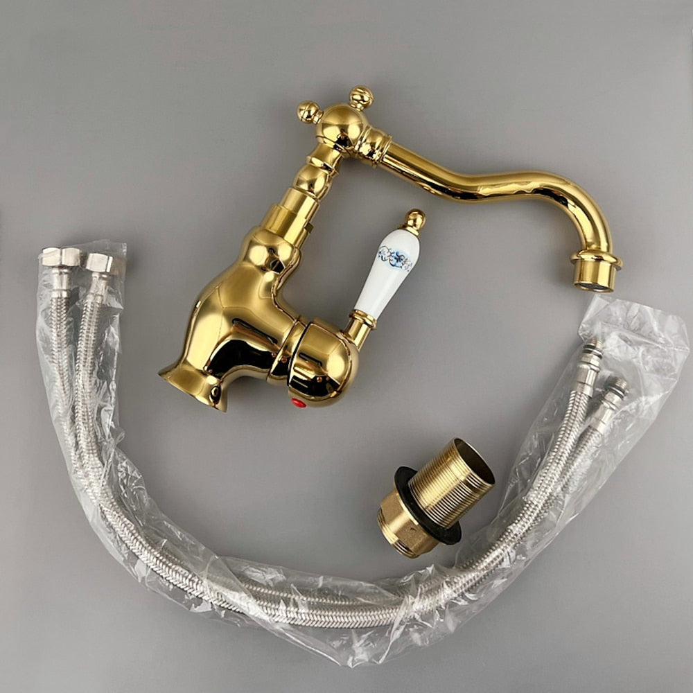 Vintage Single-Hole Bathroom Sink Faucet, 360-Degree Swivel Spout Brass Faucet, Chrome / Polished Gold / Antique Brass