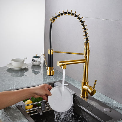 Two-Tone Black Gold Modern Pre-Rinse Kitchen Faucet, Single-Hole Brass Pull-Down Faucet