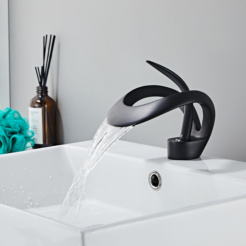 Waterfall Single-Hole Bathroom Faucet, Single-Handle Brass Vessel Sink Faucet, Matte Black / Chrome / Brushed Gold / Matte White / Gunmetal