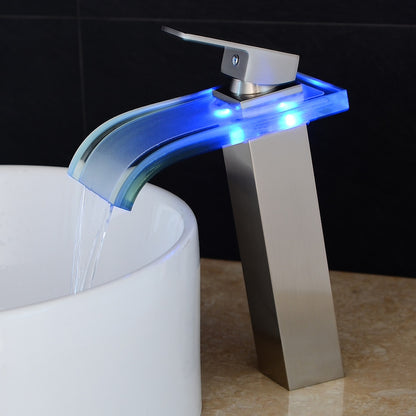 LED Glass Waterfall Bathroom Faucet, Single-Handle Single-Hole Faucet, Brushed Nickel / Brushed Gold / Matte Black / Chrome