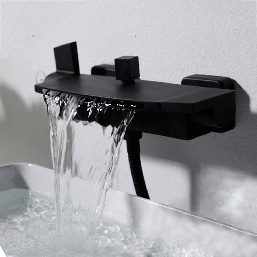 Waterfall Wall-Mount Tub Filler, Modern Brass Dual-Handle Bathtub Faucet with Handheld Shower, Chrome / Matte Black