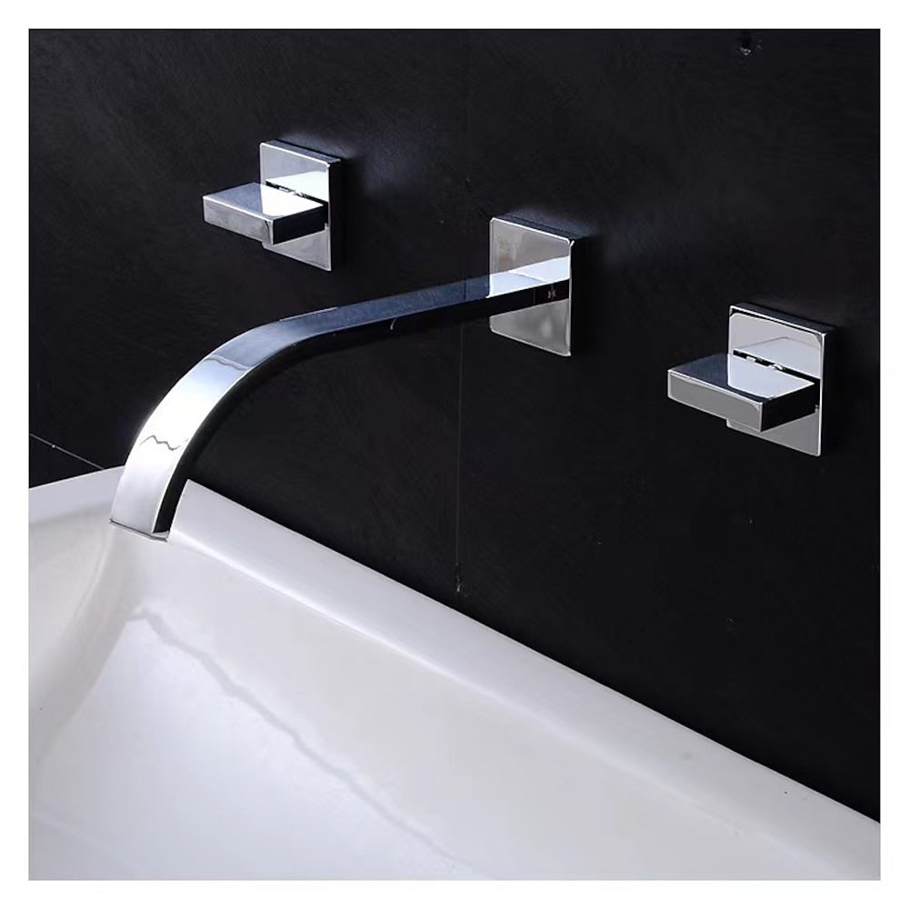 Chrome Modern Wall-Mount Bathroom Faucet, Double-Handle Waterfall Spout Faucet
