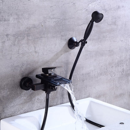 Waterfall Modern Wall-Mount Bathtub Faucet, Single-Handle Tub Filler Faucet with Handheld Shower, Oil-Rubbed Bronze / Chrome