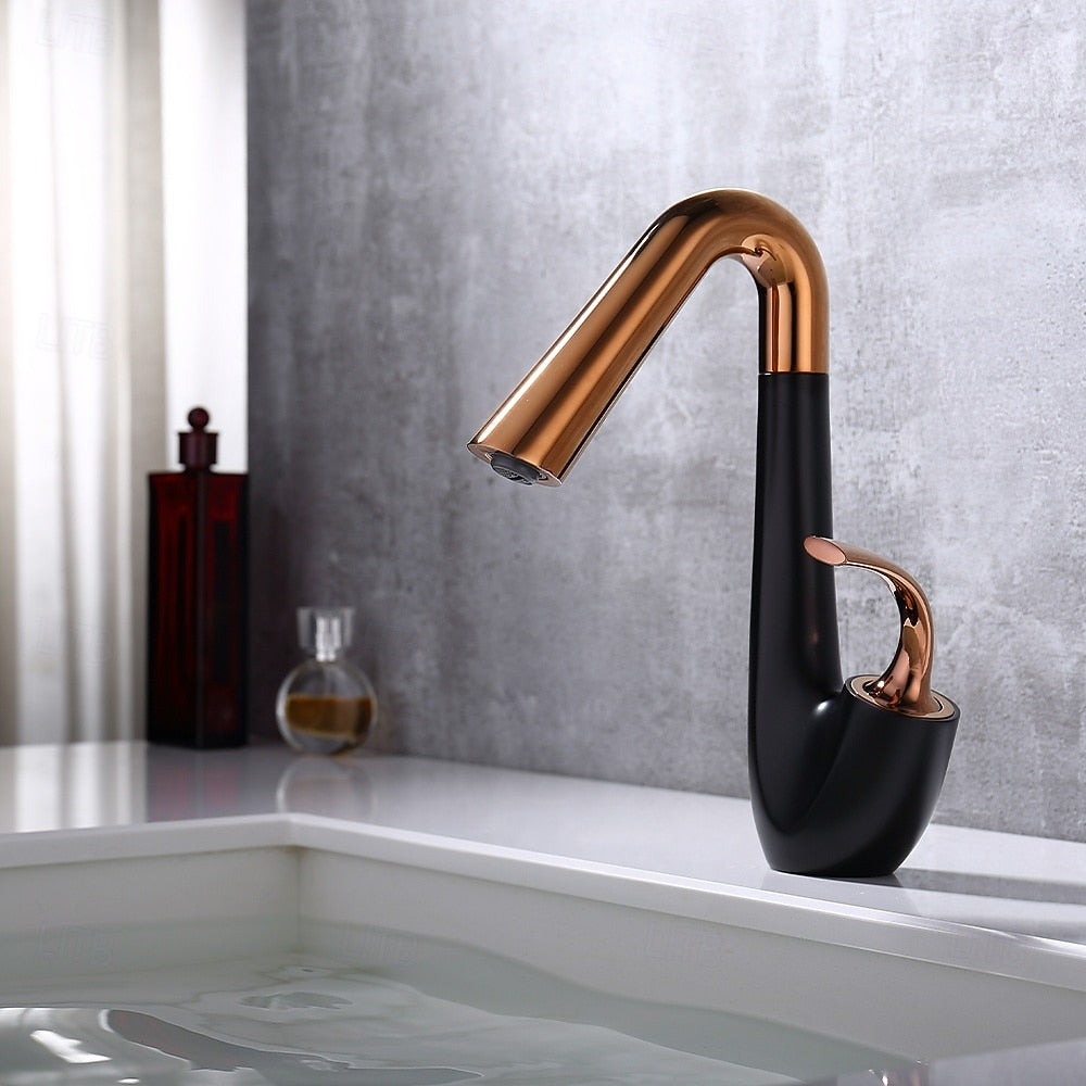 High-Arc Swivel Bathroom Faucet, Modern Single-Hole Single-Handle Basin Faucet, Matte Black / Rose Gold