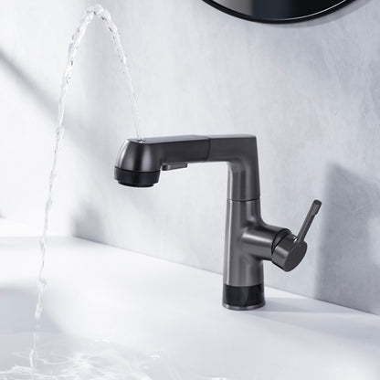 LED Digital Display Pull-Out Bathroom Faucet, Liftable Single-Handle Deck Mount Faucet, Gunmetal / Matte White / Chrome