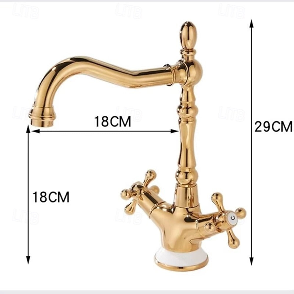 Traditional Brass Bathroom Faucet, Single-Hole Swivel Spout Faucet, Polished Gold / Chrome