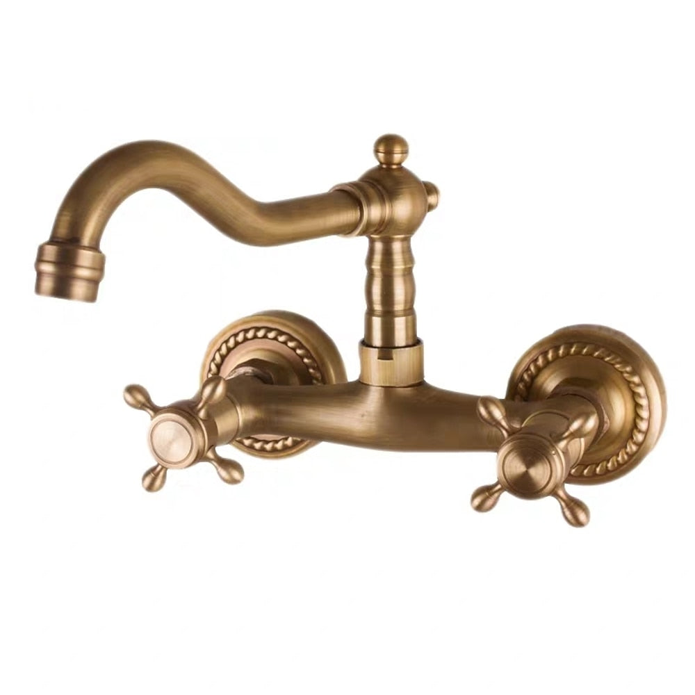 Antique Brass Wall-Mount Kitchen Faucet, Traditional Two-Hole Dual-Handle Swivel Spout Faucet