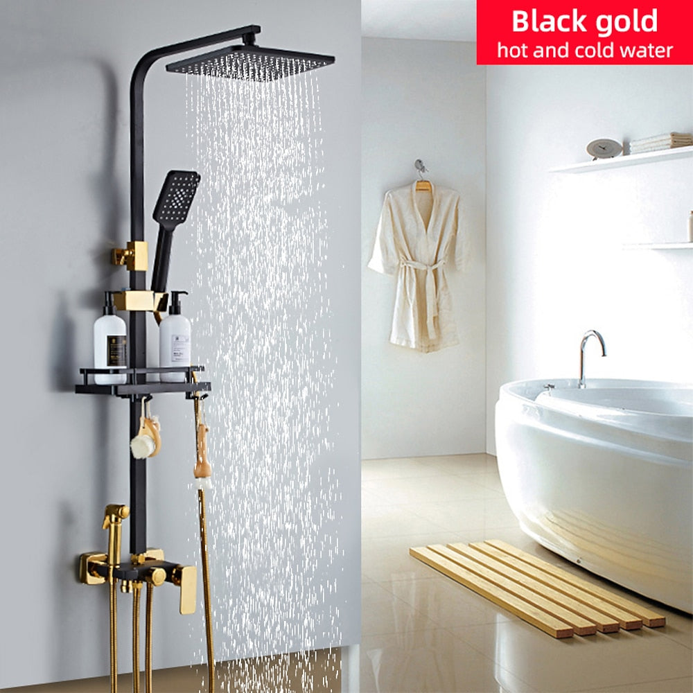 Matte Black Modern Wall-Mounted Shower System, Exposed Rainfall / Handheld Shower System with Bidet Sprayer / Storage Shelf