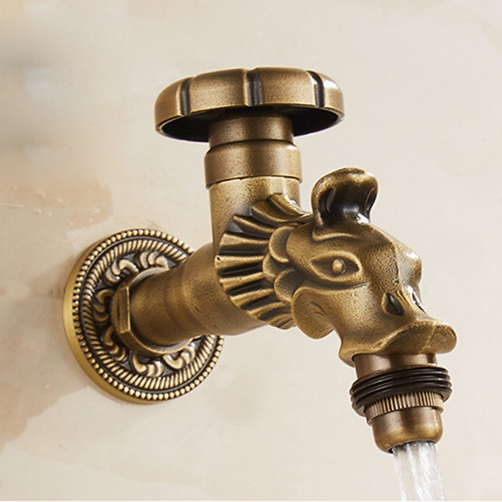 Vintage Dragon Wall-Mount Garden Faucet, Single Wheel Handle Outdoor Faucet, Antique Brass / Matte Black / Brushed Gold
