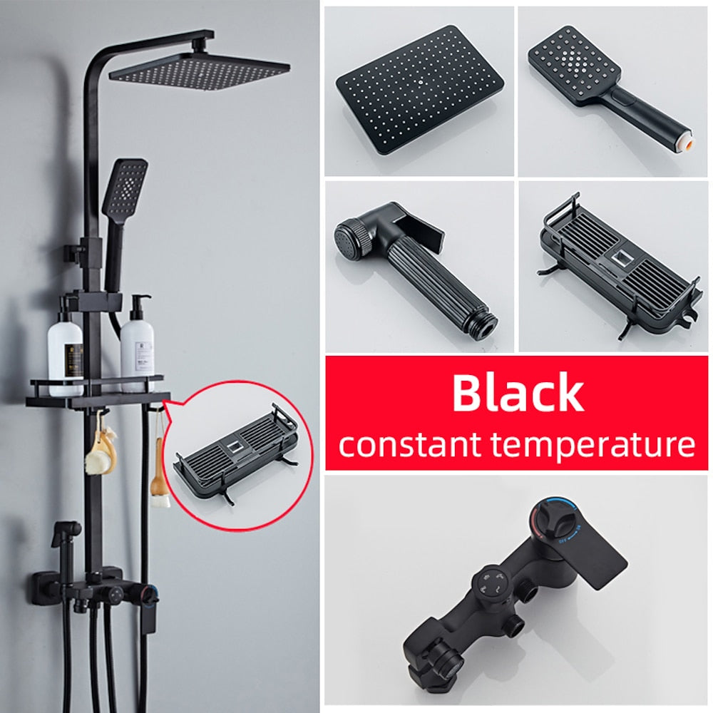 Matte Black Modern Wall-Mounted Shower System, Exposed Rainfall / Handheld Shower System with Bidet Sprayer / Storage Shelf