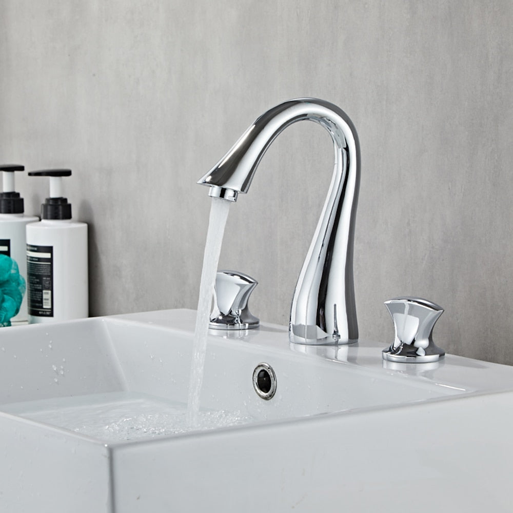 Widespread Double-Handle Bathroom Faucet, Modern High Arc Brass Basin Faucet, Chrome / Polished Gold / Brushed Nickel / Oil-Rubbed Bronze