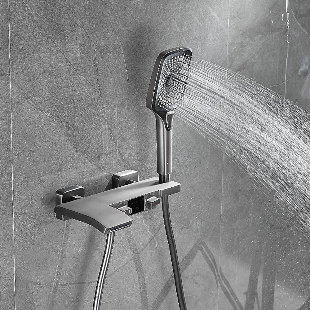 Wall-Mount Waterfall Tub Faucet, Dual-Handle Bath Mixer Tap with Handheld Shower