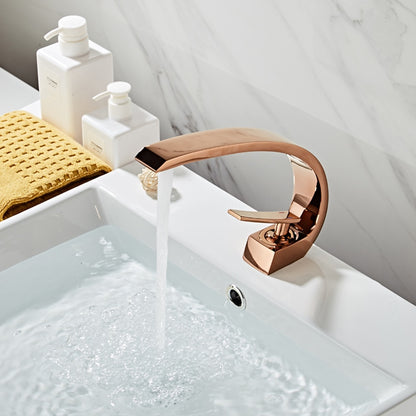 Modern Curved Rose Gold Bathroom Faucet, Single-Hole Single-Handle Faucet