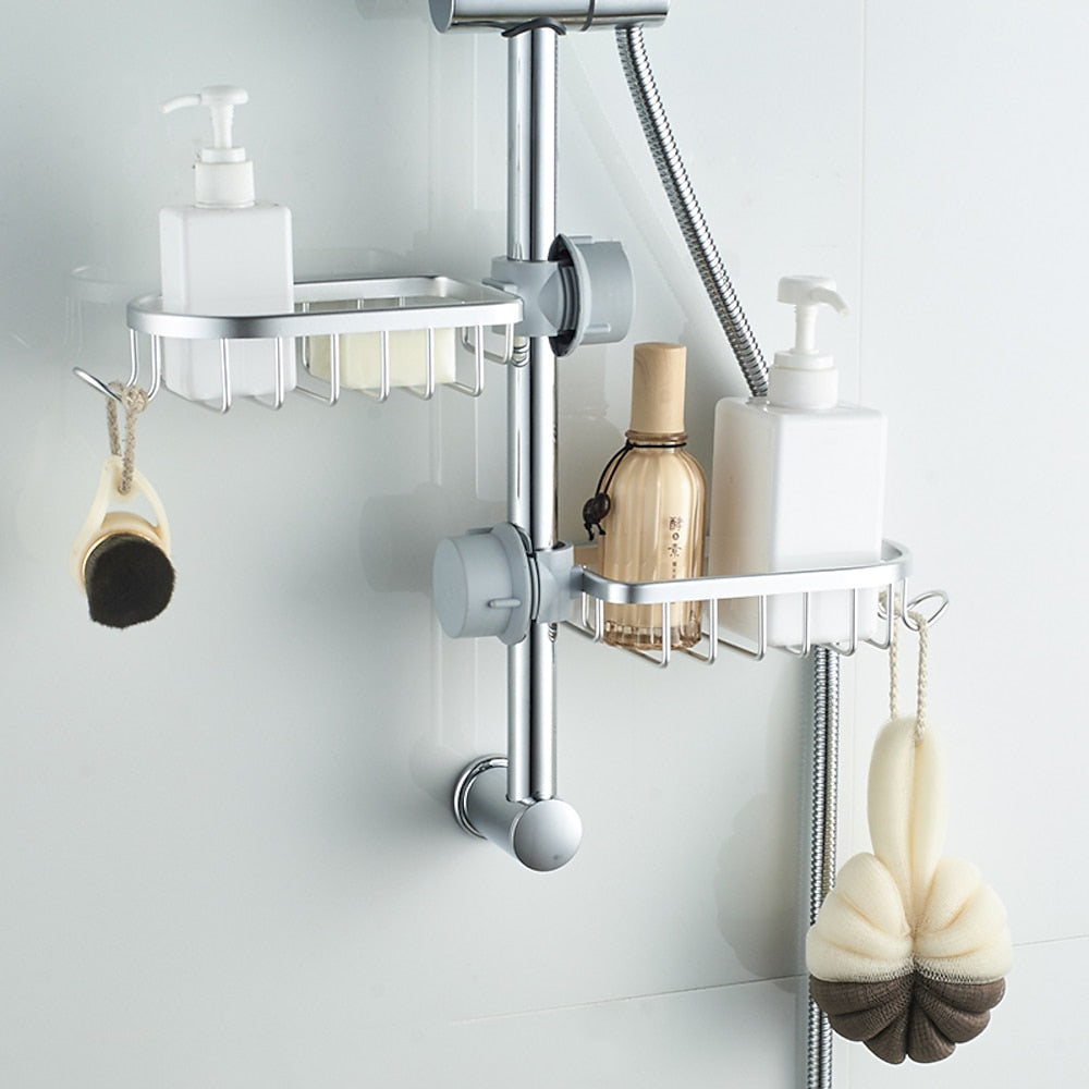 Modern Aluminum Faucet Storage Rack, Clamp-On Sink Caddy Organizer with Integrated Hooks, Black / Silver
