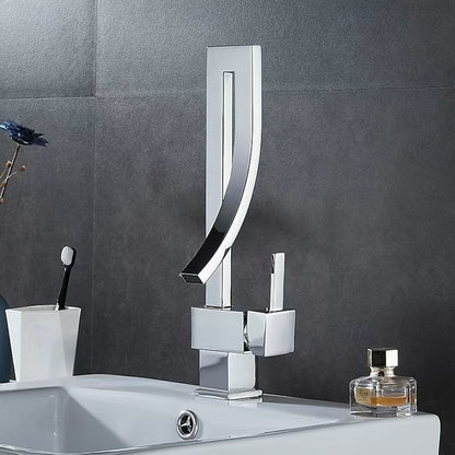 Waterfall Single-Hole Bathroom Faucet, Modern Single-Handle Brass Faucet, Chrome / Matte Black / Polished Gold