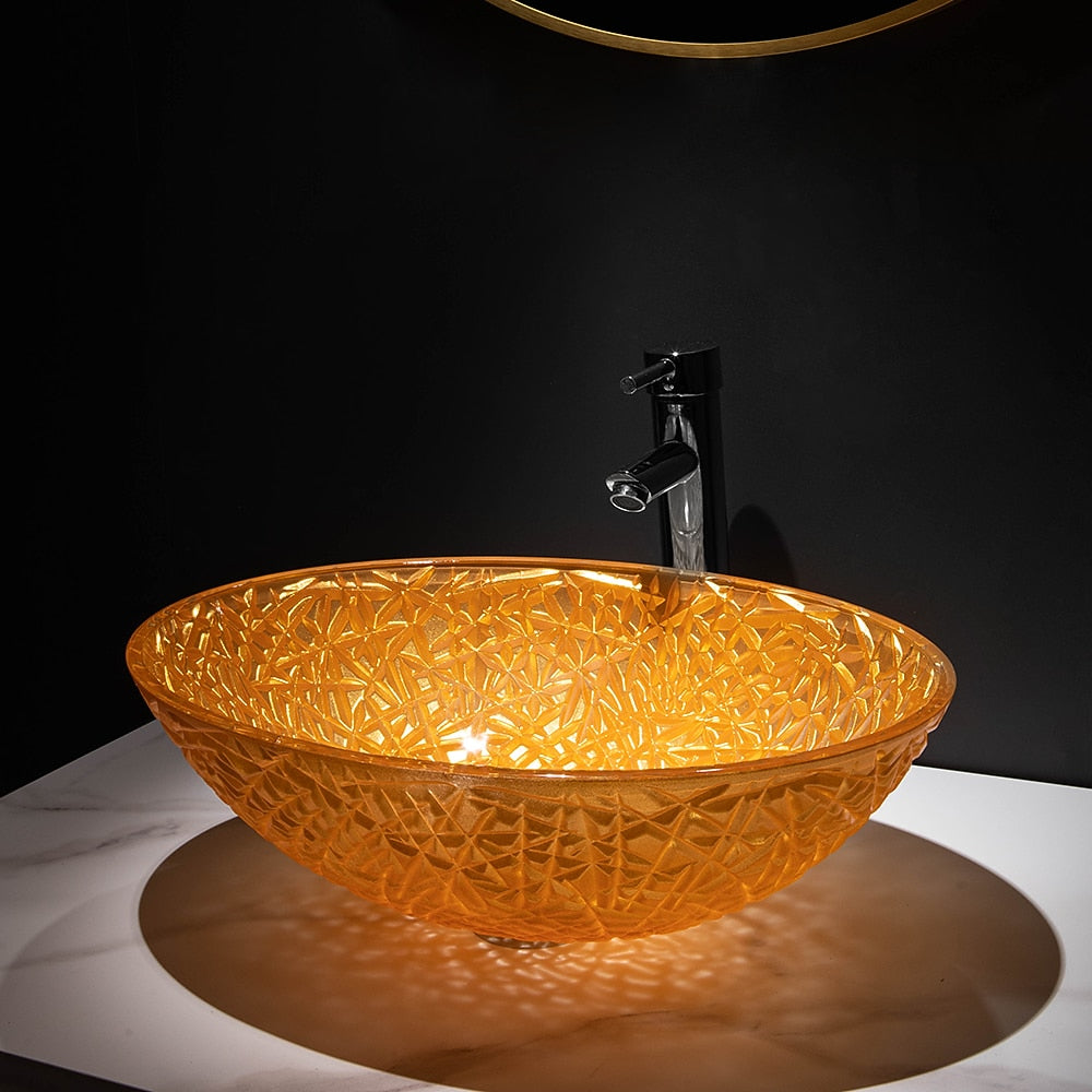 Orange Oval Glass Vessel Sink with Chrome Faucet, Single-Handle Bathroom Vessel Faucet with Pop-Up Drain