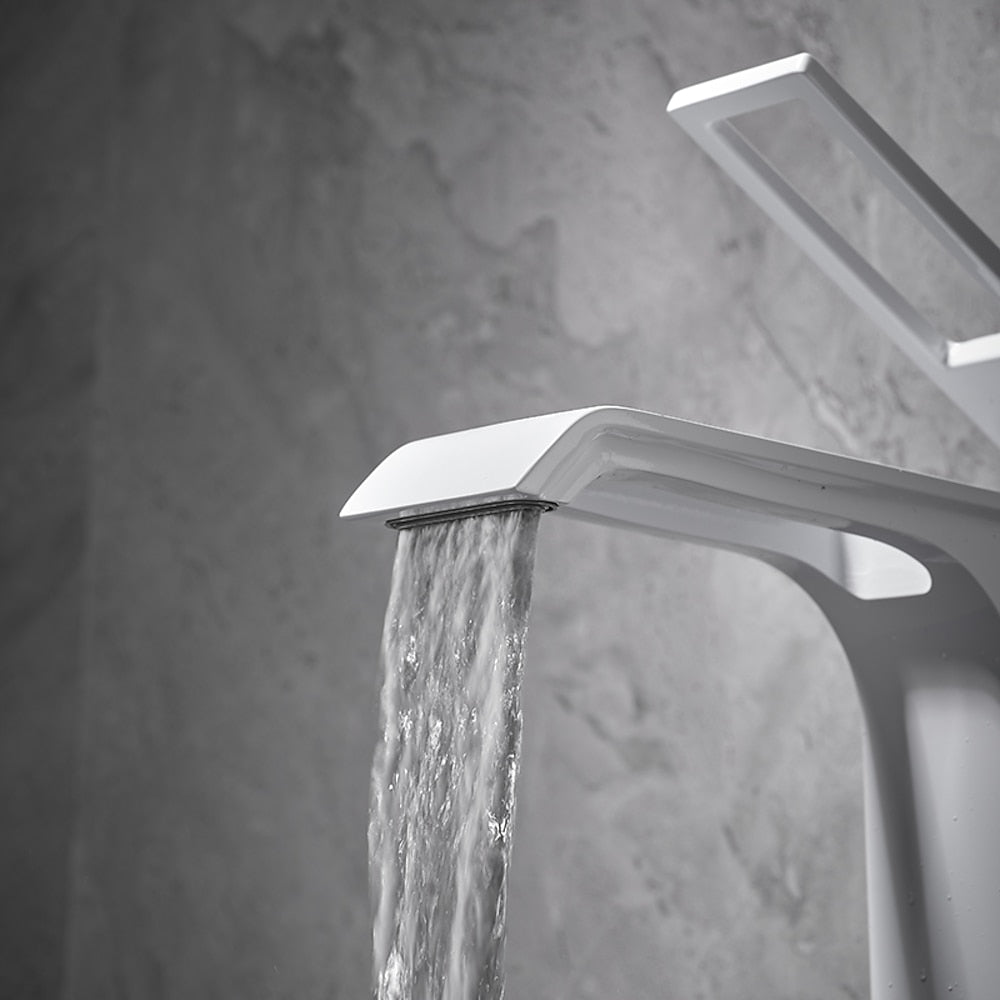 Modern Waterfall Bathroom Faucet, Single-Handle Brass Faucet, Brushed Gold / Chrome / Gunmetal / Matte Black / Matte White