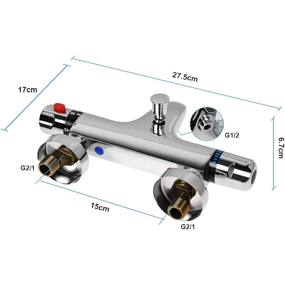 Chrome Thermostatic Wall-Mounted Bath Shower Mixer Valve, Exposed Brass Tub Faucet with Diverter Spout