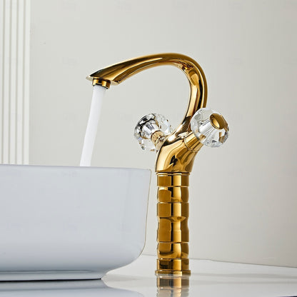 Polished Gold Single-Hole Bathroom Faucet, Dual-Handle High Arc Faucet with Crystal Knob Handles