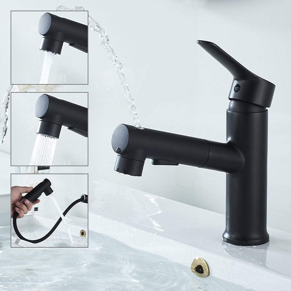 Modern Pull-Out Spray Bathroom Faucet, Single-Handle Brass Faucet, Matte Black / Chrome
