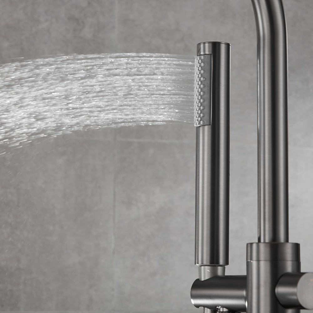 Gunmetal Floor-Mount Freestanding Tub Filler Faucet, Single-Handle Swivel Spout Bathtub Faucet with Handheld Shower