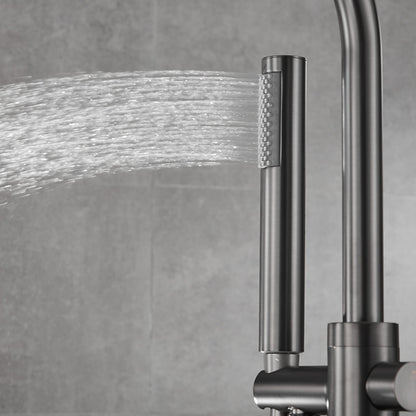 Gunmetal Floor-Mount Freestanding Tub Filler Faucet, Single-Handle Swivel Spout Bathtub Faucet with Handheld Shower