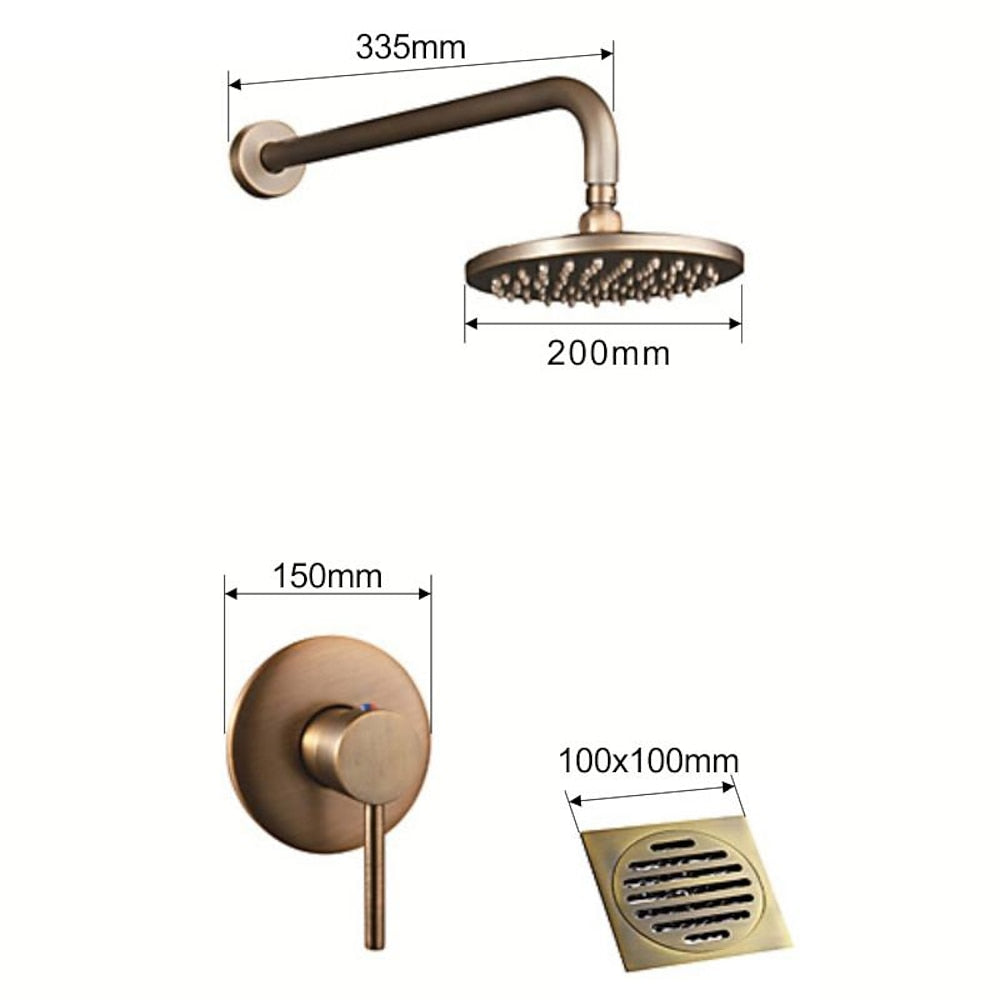 Rainfall Antique Brass Shower Faucet, Wall-Mount Single-Handle Shower System with Rough-In Valve / Floor Drain