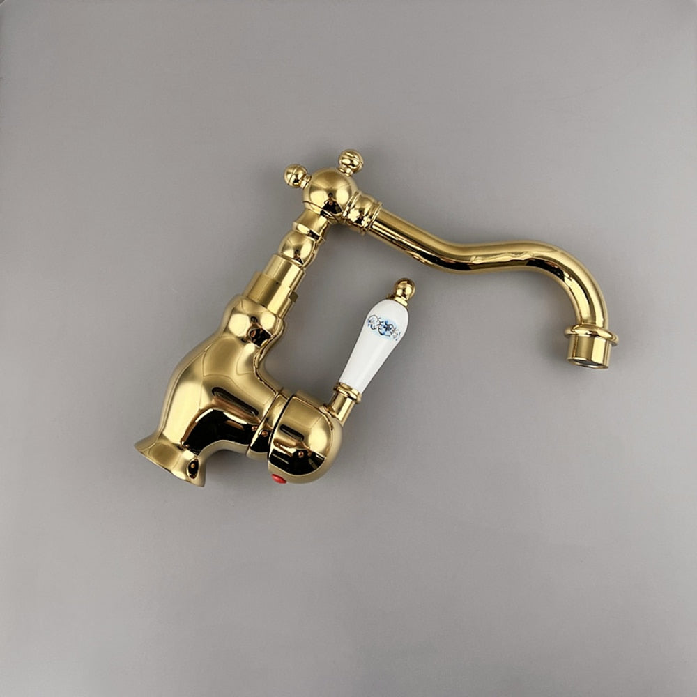Vintage Single-Hole Bathroom Sink Faucet, 360-Degree Swivel Spout Brass Faucet, Chrome / Polished Gold / Antique Brass