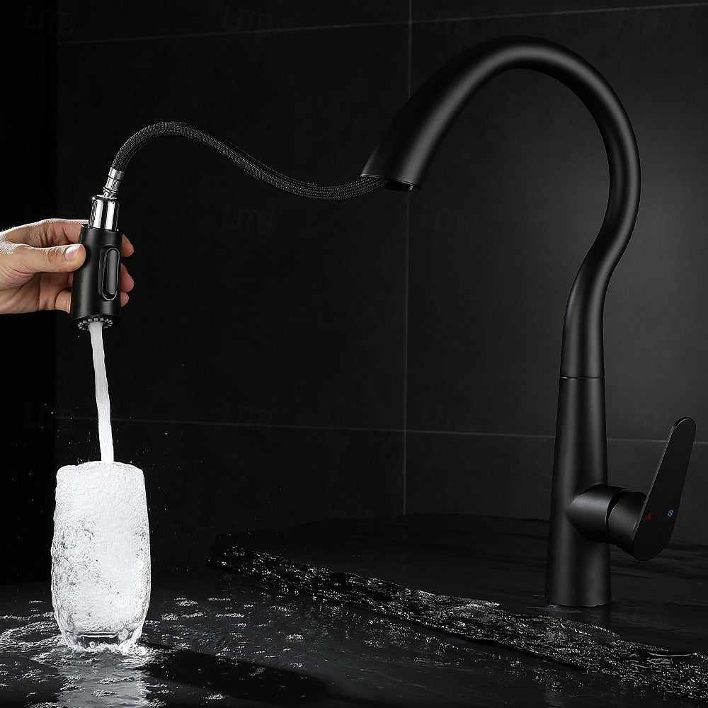 Pull-Down Kitchen Faucet, High Arc Single-Handle Brass Sink Faucet, Gunmetal / Matte White / Matte Black / Brushed Nickel
