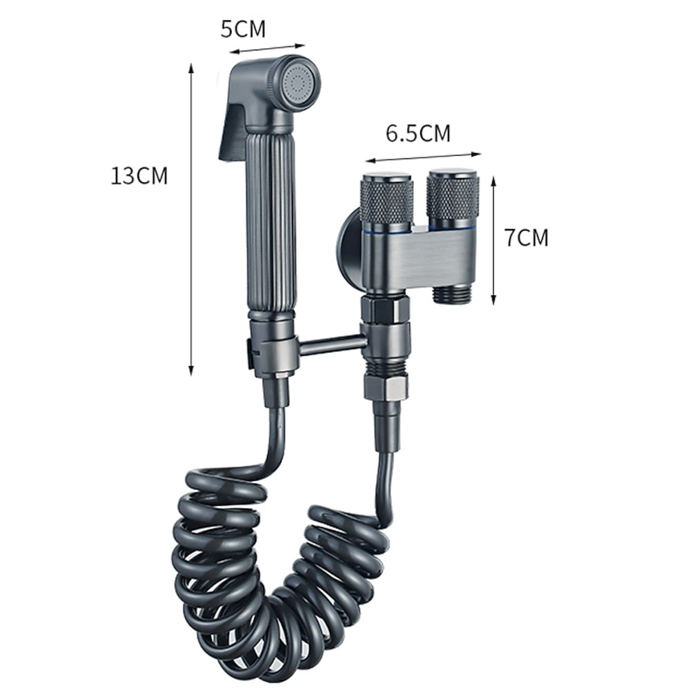 Dual-Handle Wall-Mount Bidet Sprayer, Solid Brass Shattaf Sprayer, Gray / Black / Silver