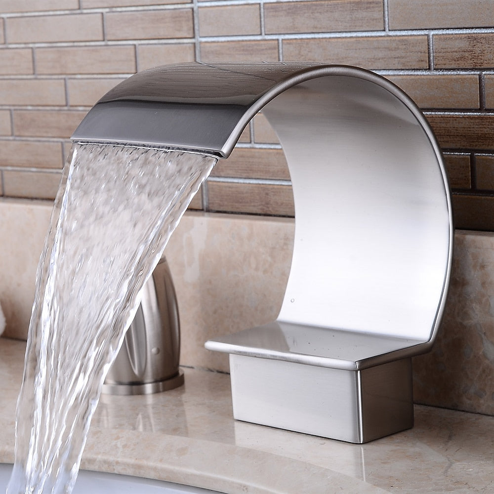 Brushed Nickel Widespread Bathroom Faucet, Contemporary 3-Hole Faucet, Double-Handle Waterfall Spout Faucet