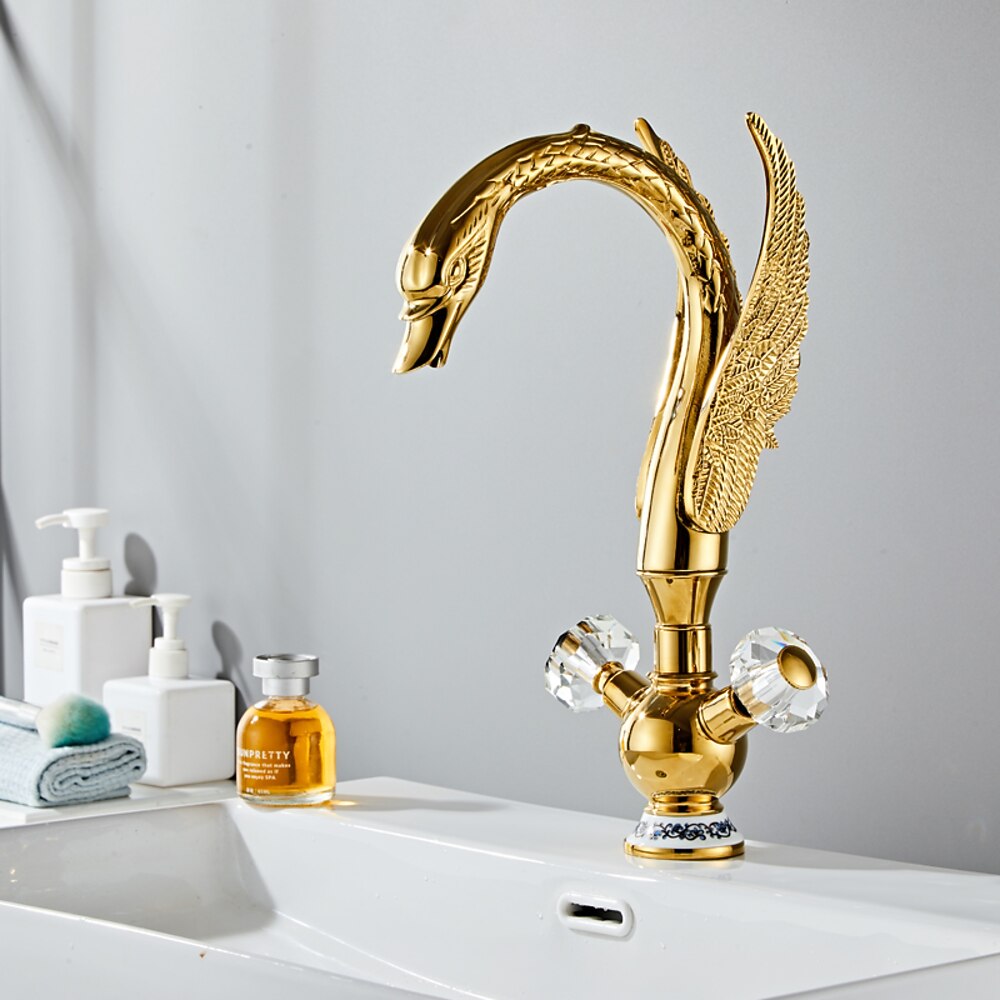 Swan-Shaped Waterfall Bathroom Faucet, Single-Hole Dual-Handle Deck Mount Faucet with Crystal Knobs, Chrome / Polished Gold