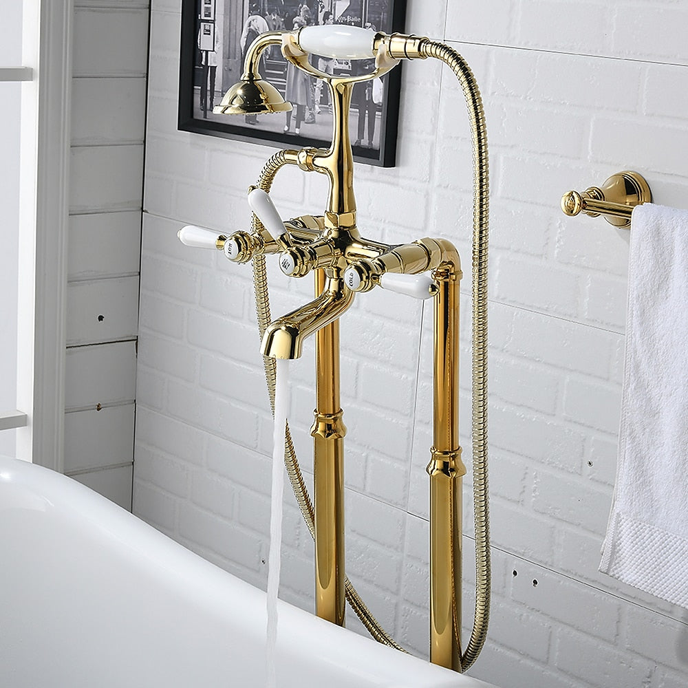 Polished Gold Retro Vintage Tub Filler Faucet, Floor-Mount Three-Handle Faucet with Handheld Shower