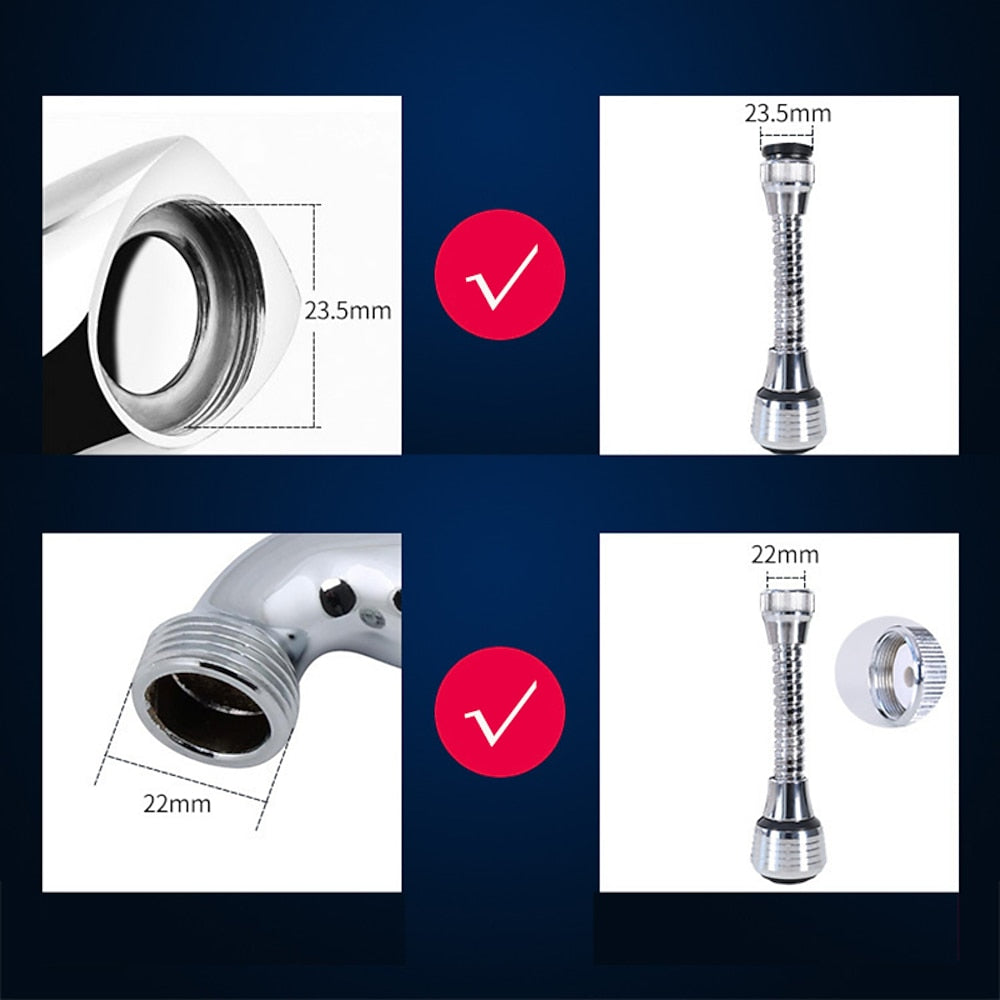 Modern Chrome 360-Degree Flexible Faucet Aerator, 2-Mode Spray Faucet Extender with Universal Clamp Adapter
