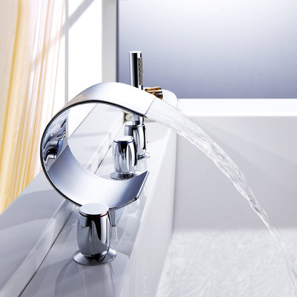 Modern Waterfall Roman Tub Faucet, 3-Handle Brass Bathtub Faucet with Handheld Shower, Matte Black / Chrome