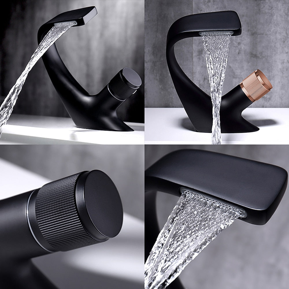 Waterfall Single-Hole Bathroom Faucet, Modern Brass Single-Handle Faucet