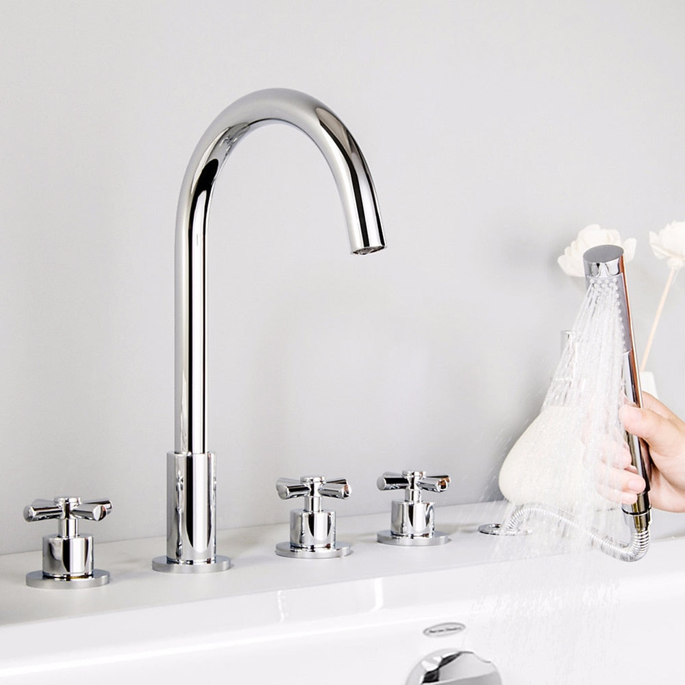Chrome 5-Hole Deck-Mount Tub Filler Faucet, 3-Handle Brass Tub Faucet with Handheld Shower
