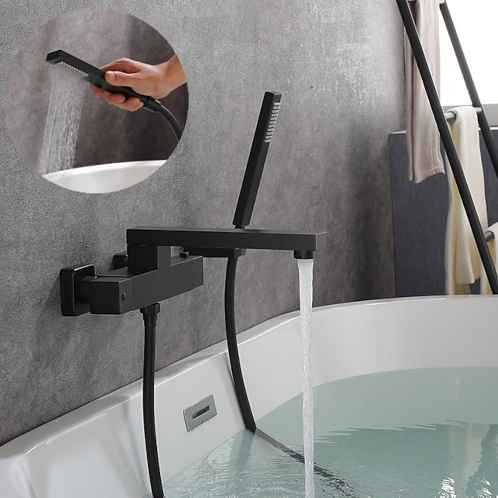 Matte Black Thermostatic Wall-Mount Bathtub Faucet, Dual-Handle Brass Tub Filler with Handheld Shower