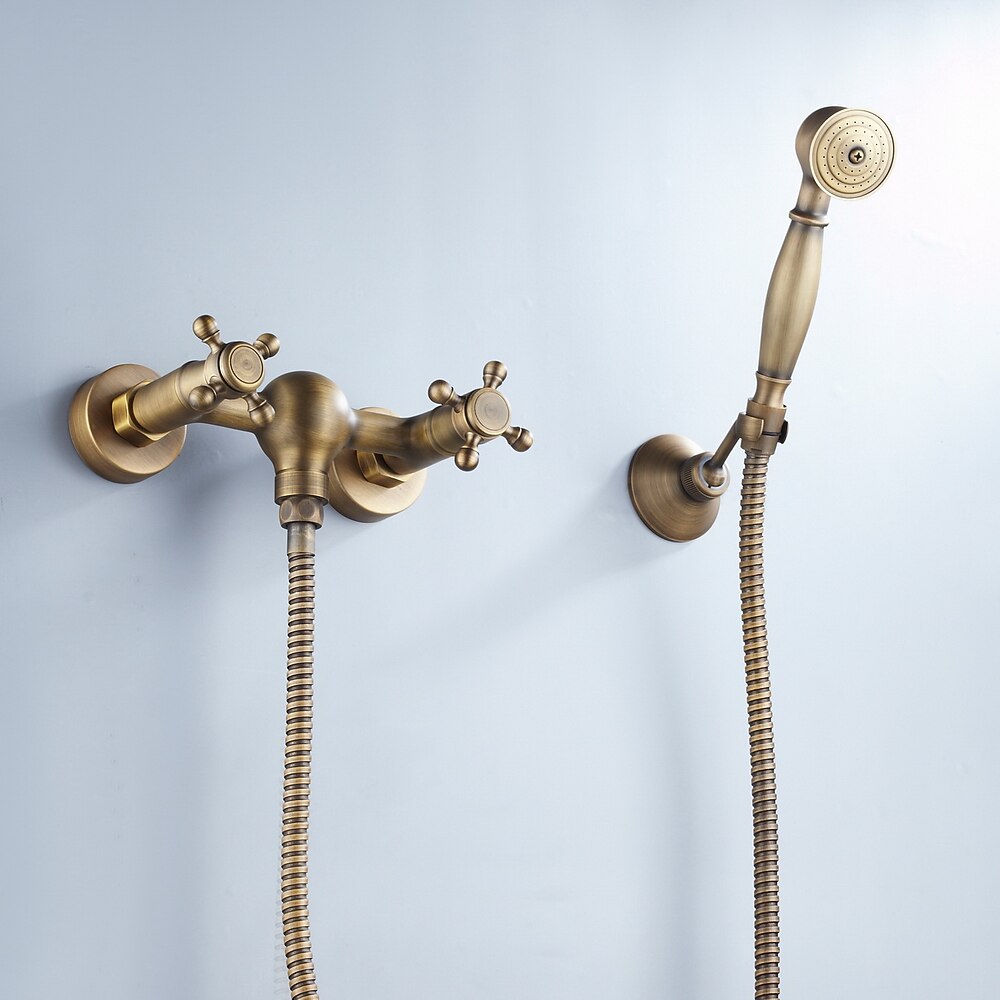 Antique Brass Retro Wall-Mount Shower Faucet, Dual-Handle Brass Faucet with Handheld Shower