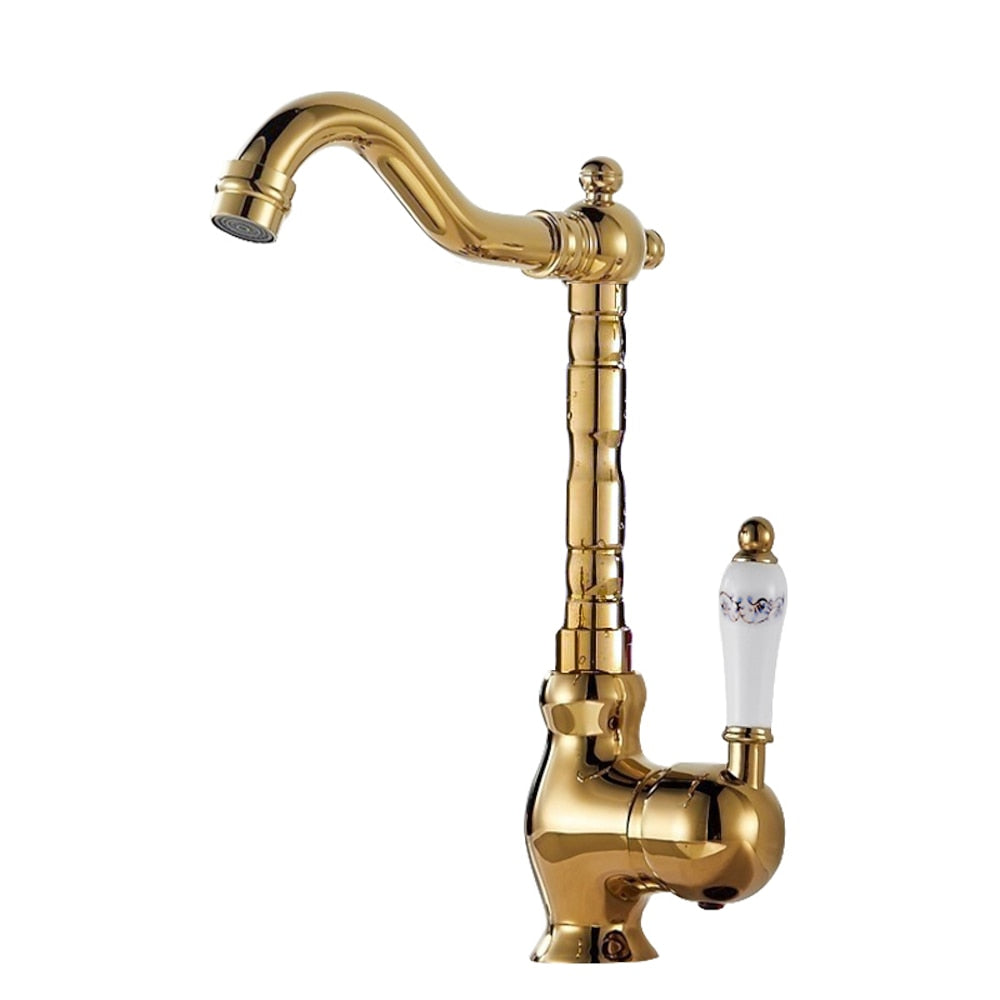 Retro High Arc Vessel Faucet, Single-Handle Brass Swivel Spout Faucet, Antique Brass / Chrome / Polished Gold