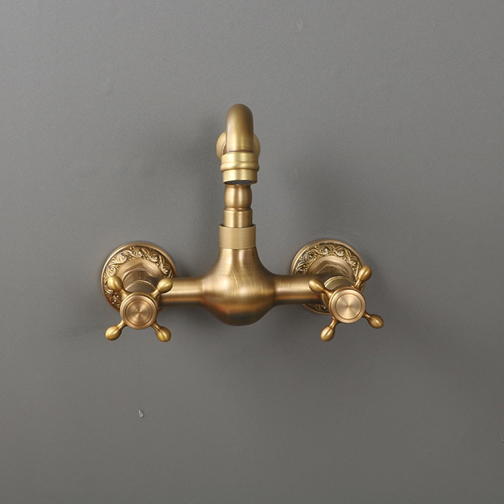 Traditional Antique Brass Wall-Mount Kitchen Faucet, Dual Cross Handle Brass Faucet with Swivel Spout