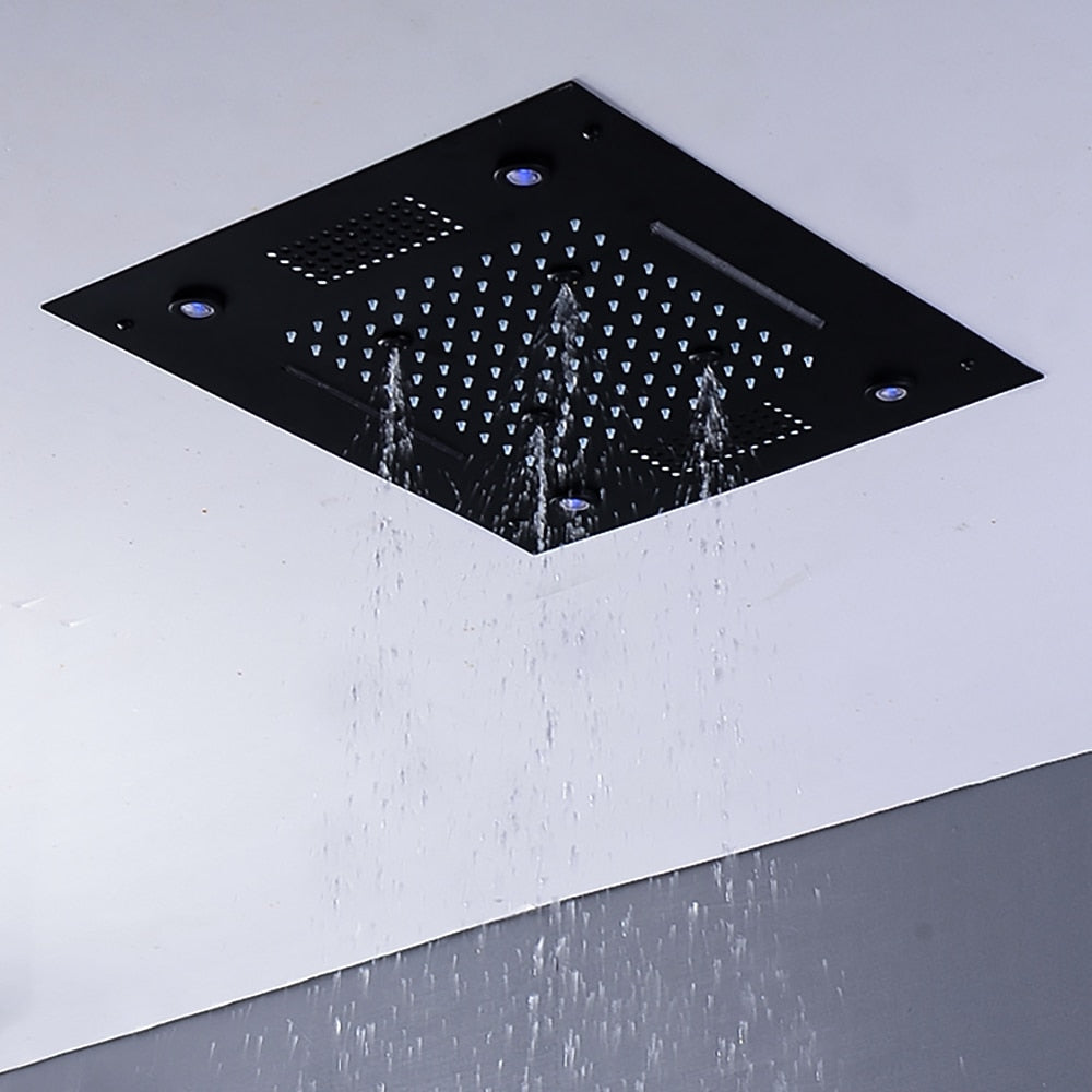 LED Waterfall Bluetooth Speaker Ceiling Shower Head, Rainfall Multi-Mode Showerhead, Matte Black / Chrome
