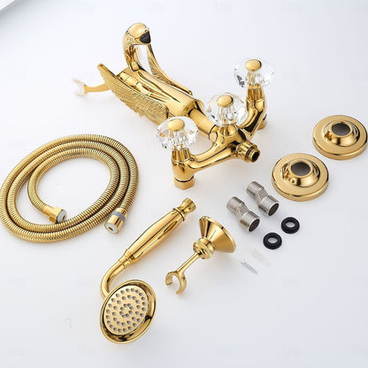 Polished Gold Swan Wall-Mount Bathtub Faucet, Vintage Dual-Handle Brass Tub Mixer with Handheld Shower